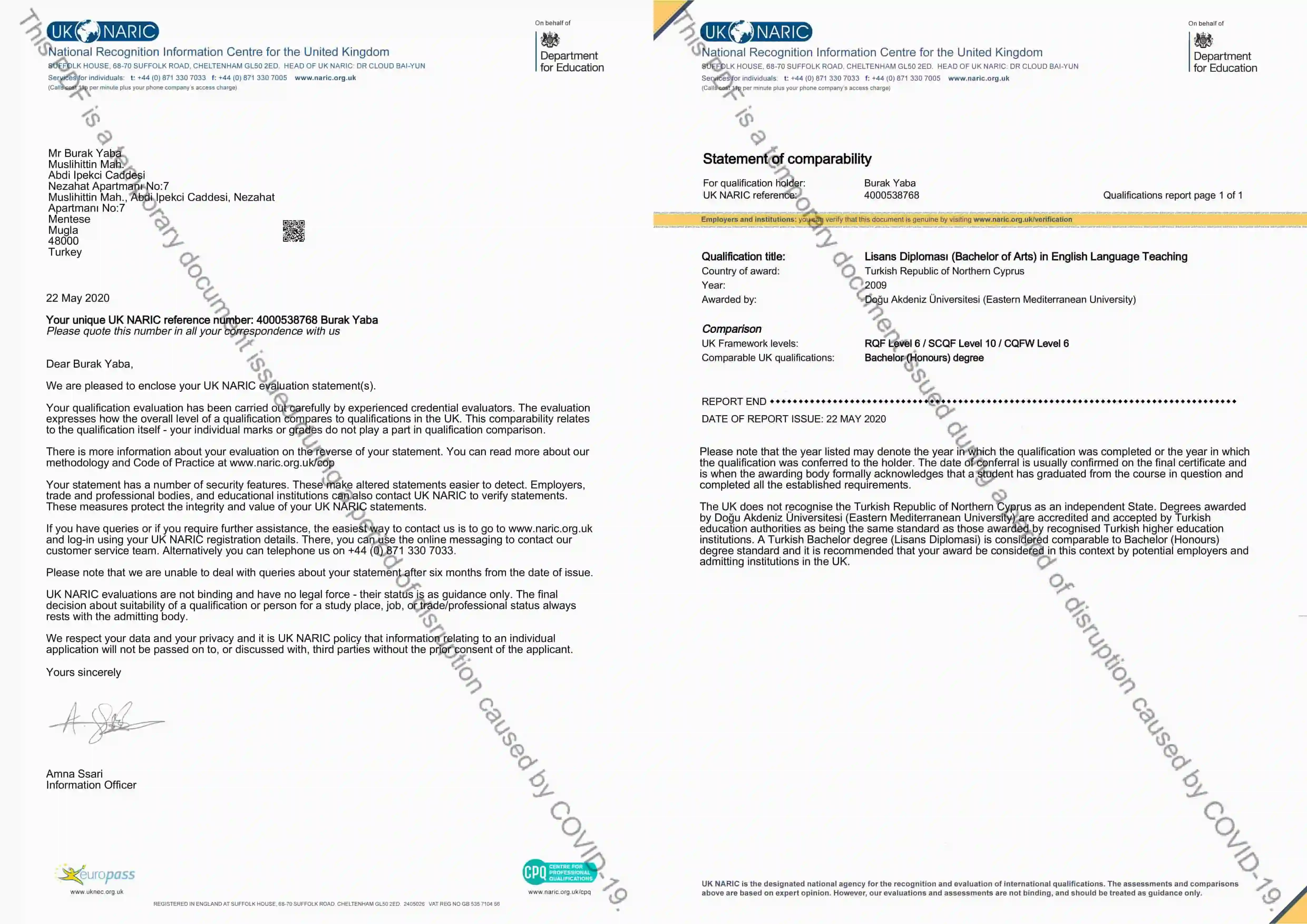 UK NARIC - Statement of Comparability